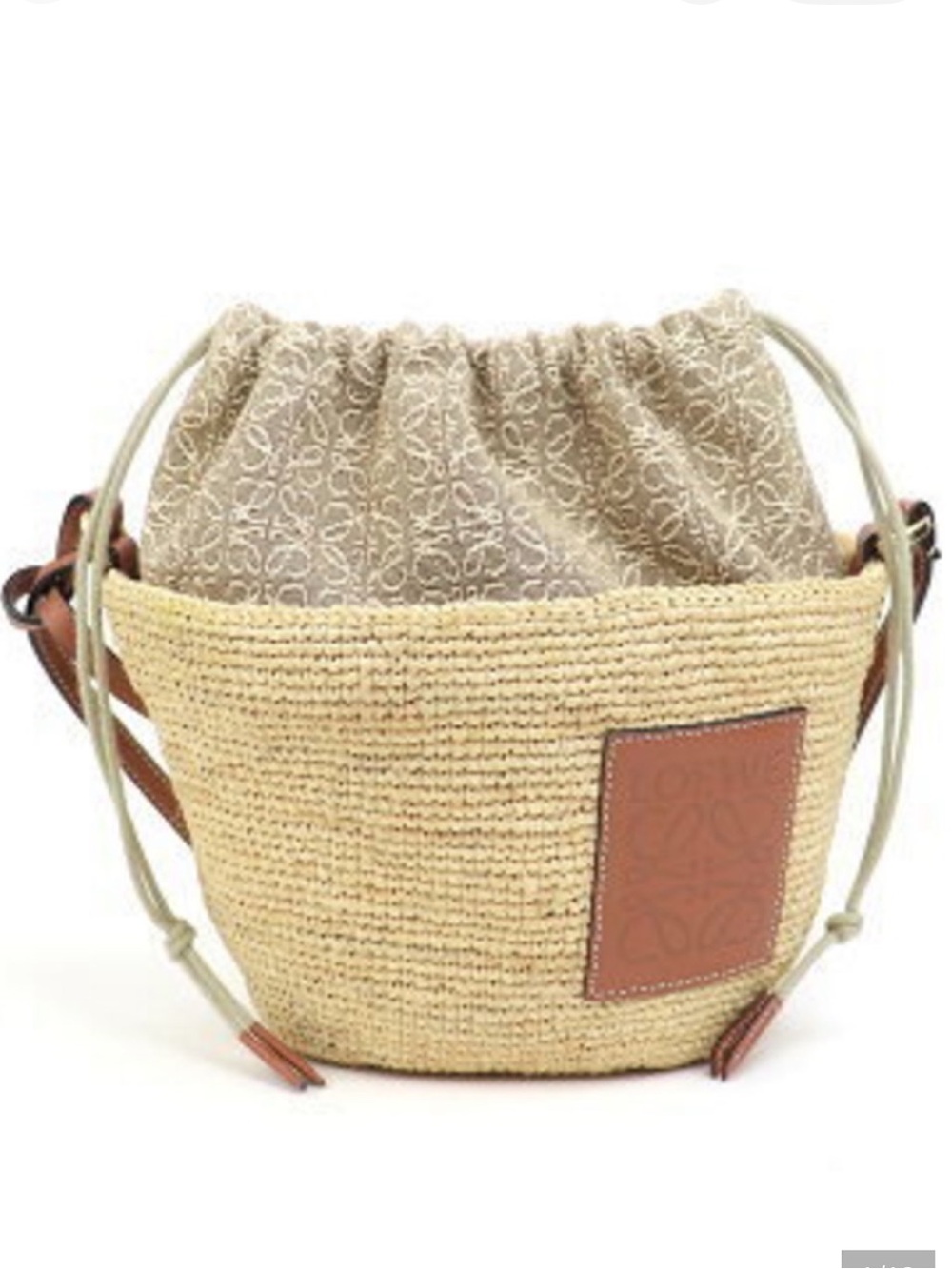 NWT LOEWE Calfskin Raffia Anagram Paulas Ibiza Pochette Bag Natural Tan